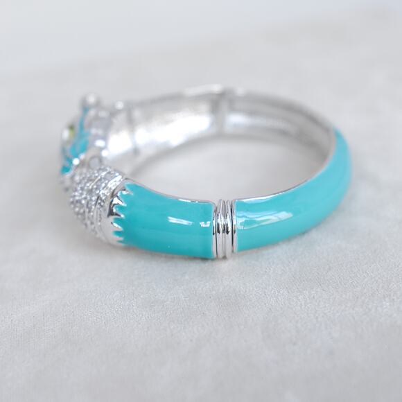 Vintage NOIR Blue Enamel Panther Head Clamper Bracelet Gold Tone Rhinestone 7¼" - Picture 5 of 11